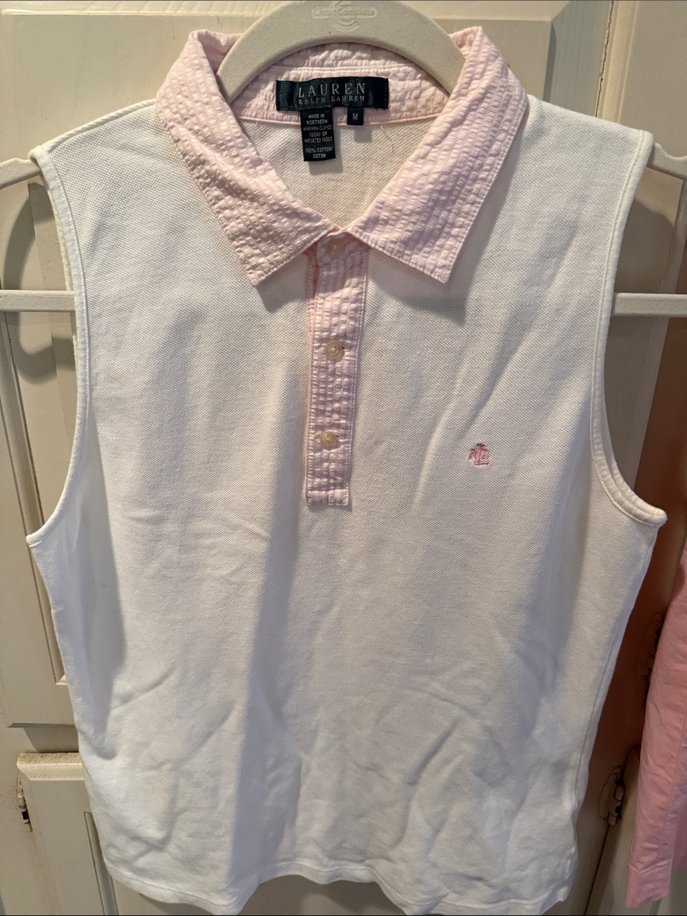 Lauren Ralph Lauren White Sleeveless Polo with Light Pink Collar